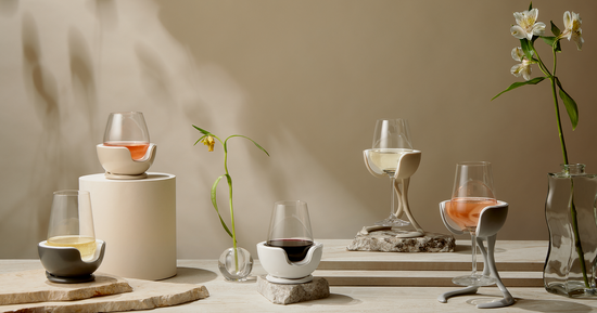 VoChill's Stemless and Stemmed Wine Chillers hold glasses of perfectly chilled wine in stylish glassware.