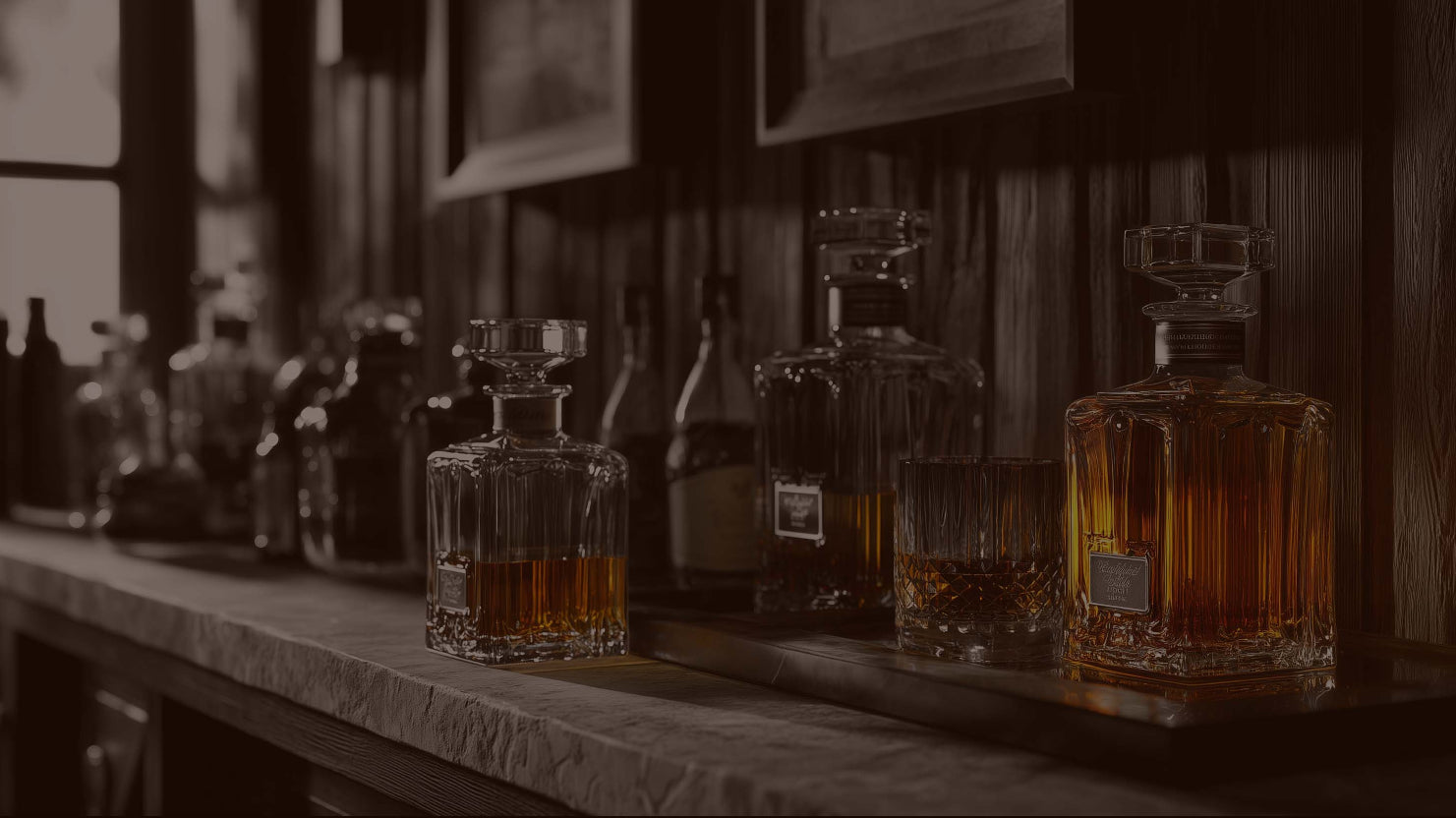 Row of whiskey bottles on a wooden shelf with a warm, rustic ambiance.
