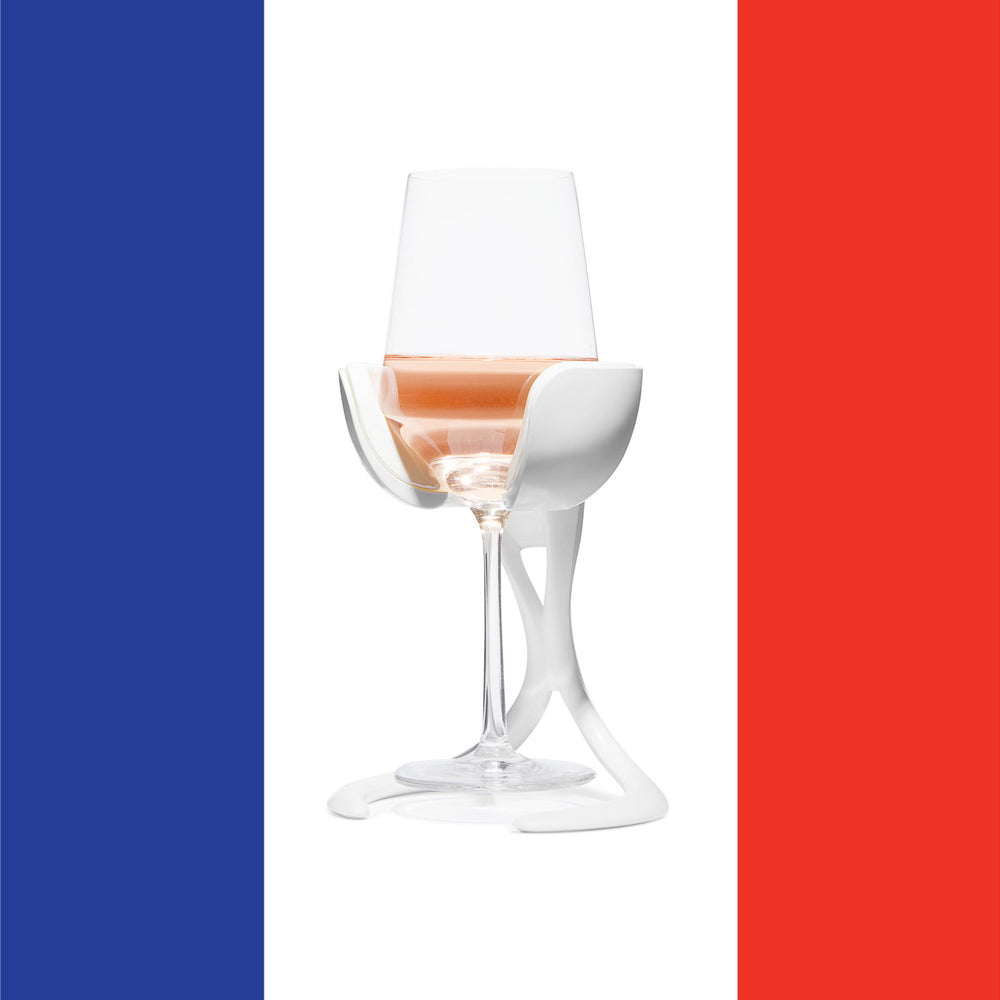 VoChill stemmed wine glass chiller on a French flag background
