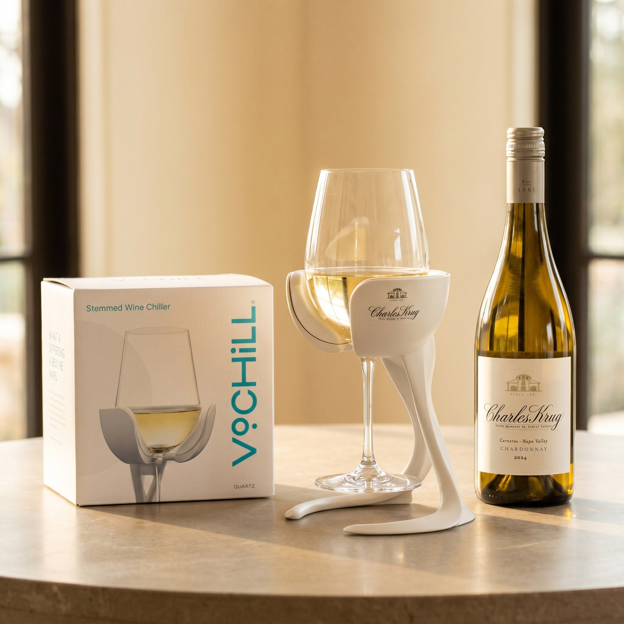 VoChill corporate gift set with wine chiller, premium packaging, and wine glasses