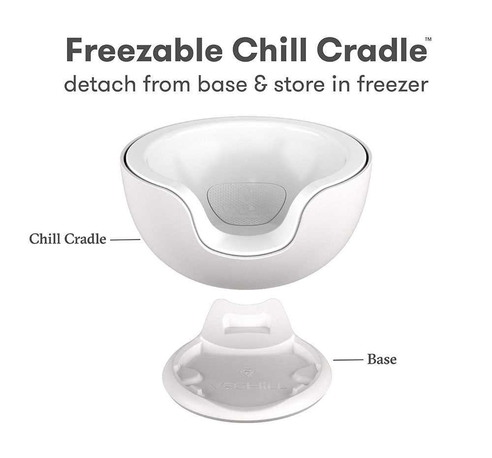 Exploded view of a VoChill stemless wine chiller. Detach Chill Cradle from it's base and store it in the freezer between use.