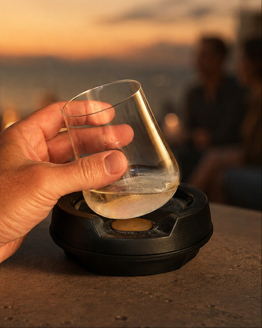 vochill spirits chiller with rosado tequila in the glass at an evening outdoor party
