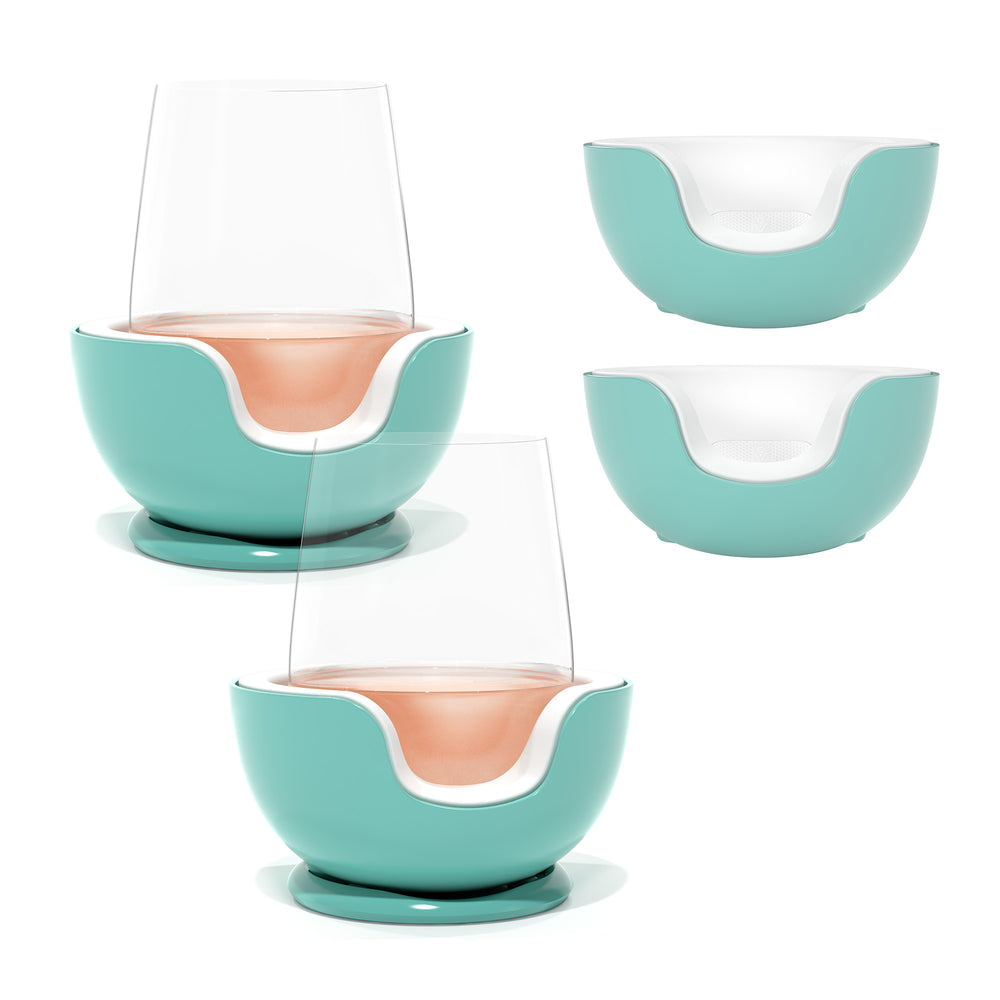 
                      
                        VoChill stemless wine chiller pair + two extra Chill Cradles in Cyan color.
                      
                    