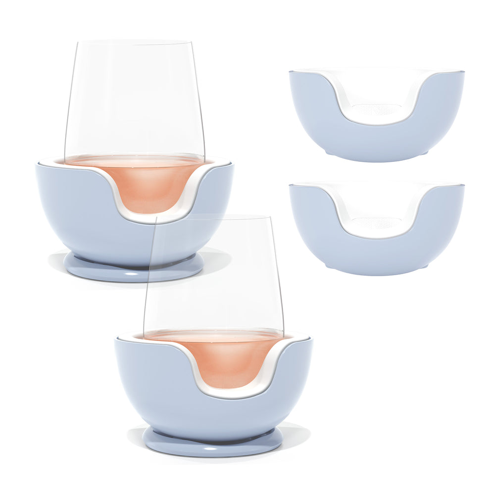 
                      
                        VoChill stemless wine chiller pair + two extra Chill Cradles in Glacier color.
                      
                    