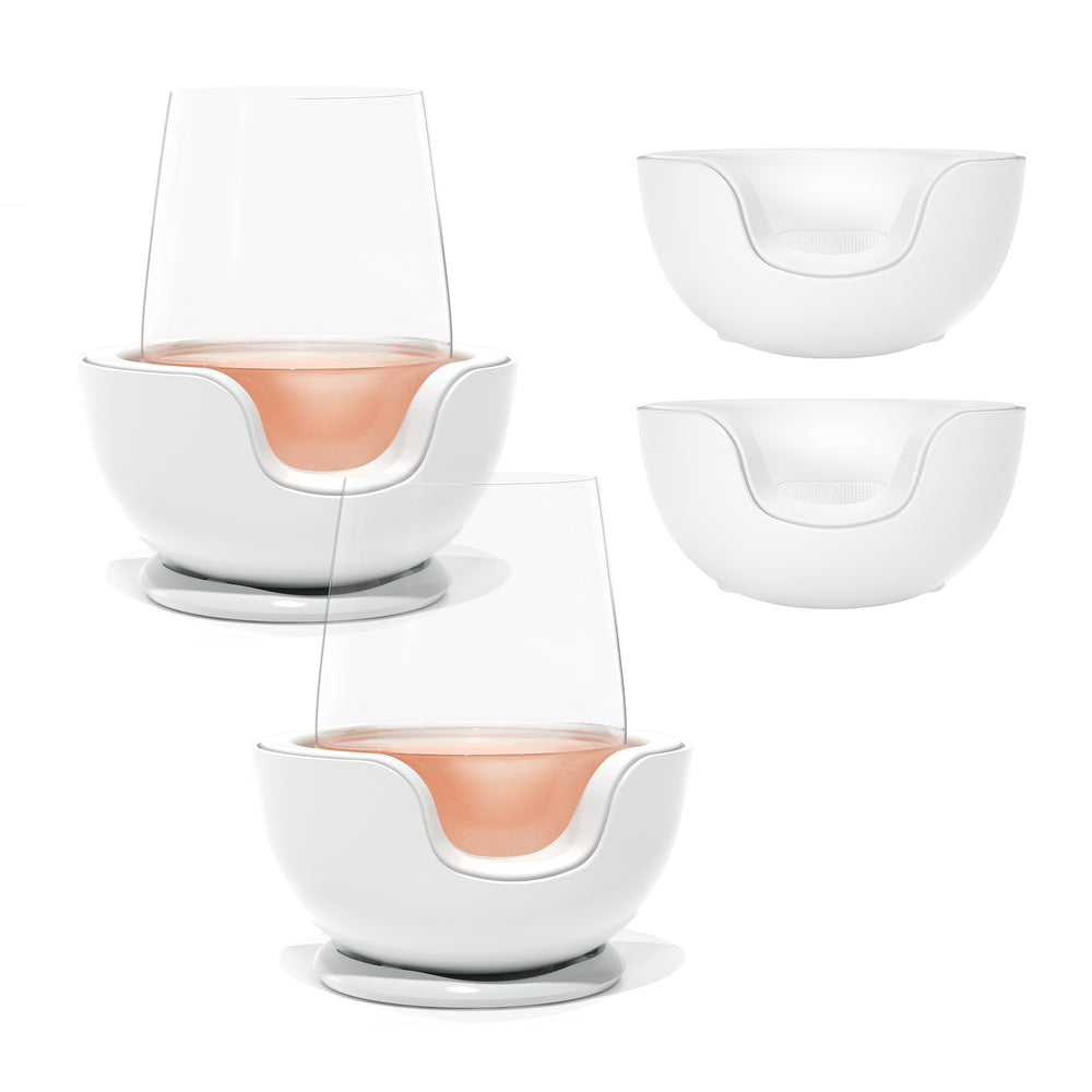 
                      
                        VoChill stemless wine chiller pair + two extra Chill Cradles in Quartz color.
                      
                    