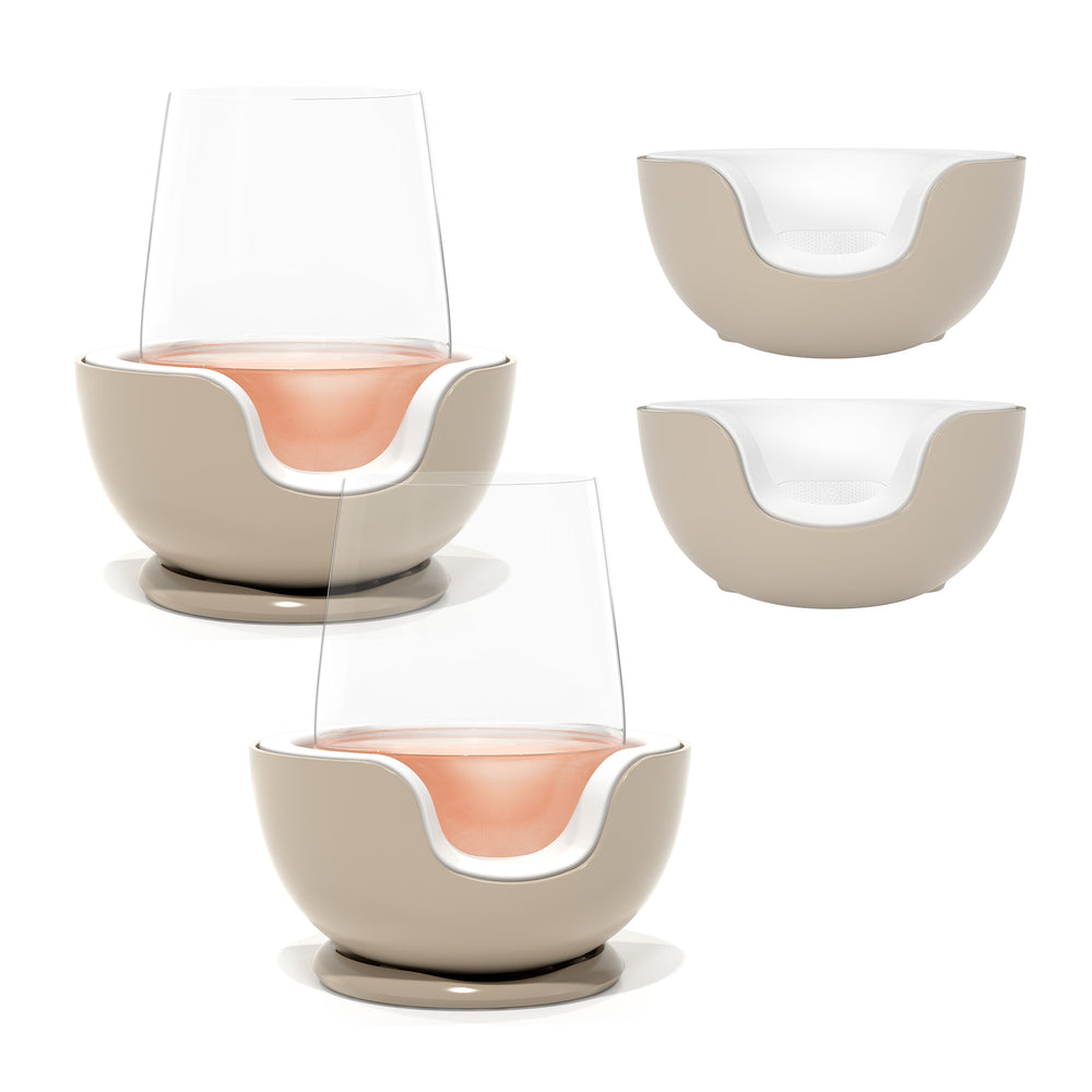 VoChill stemless wine chiller pair + two extra Chill Cradles in Sand color.
