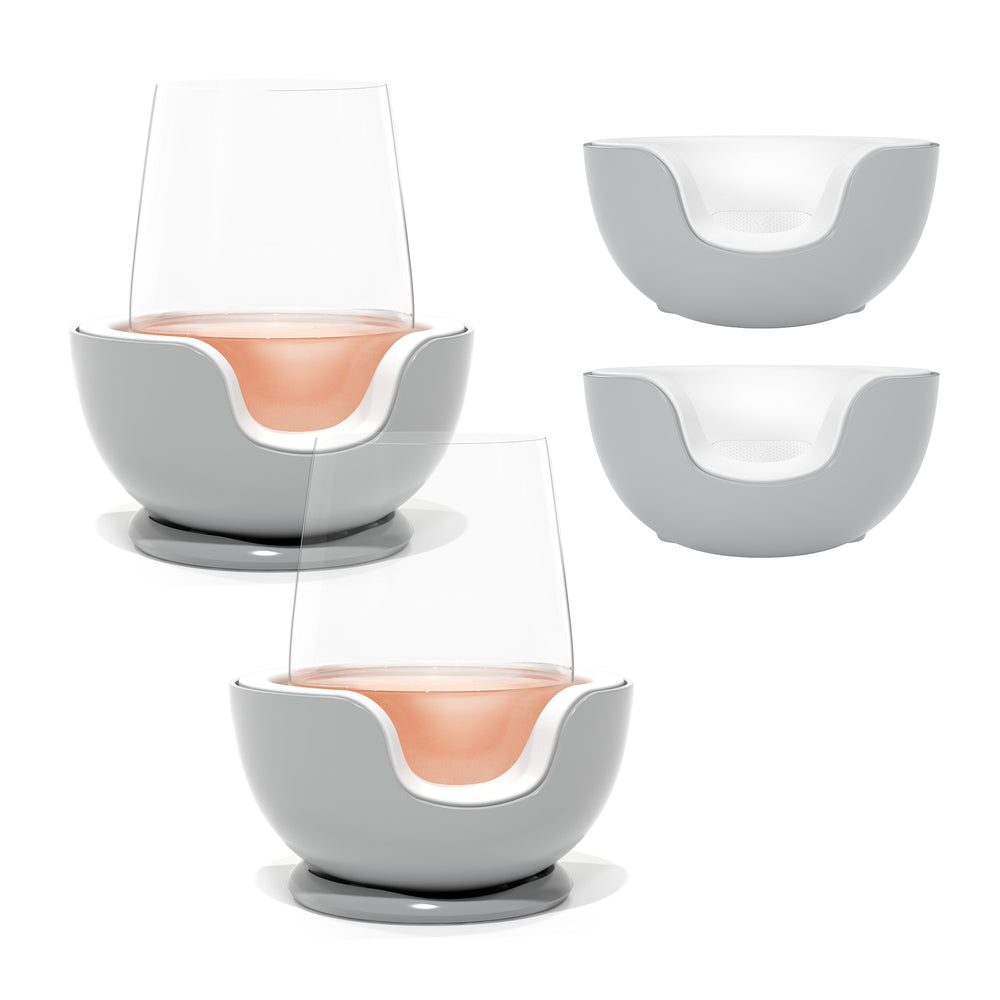 
                      
                        VoChill stemless wine chiller pair + two extra Chill Cradles in Stone color.
                      
                    
