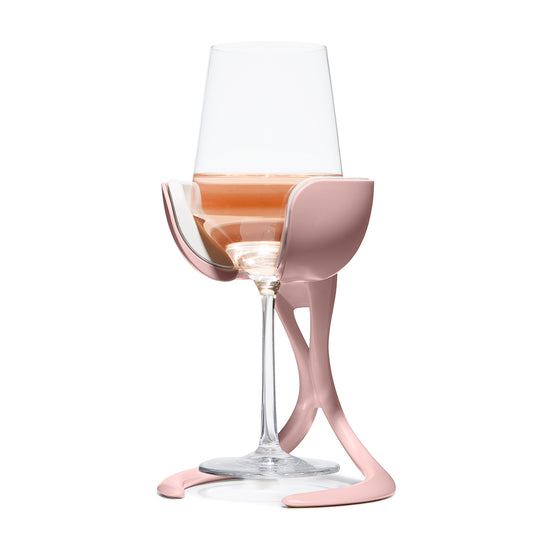Rose color stemmed wine glass chiller on white background by VoChill Inc.