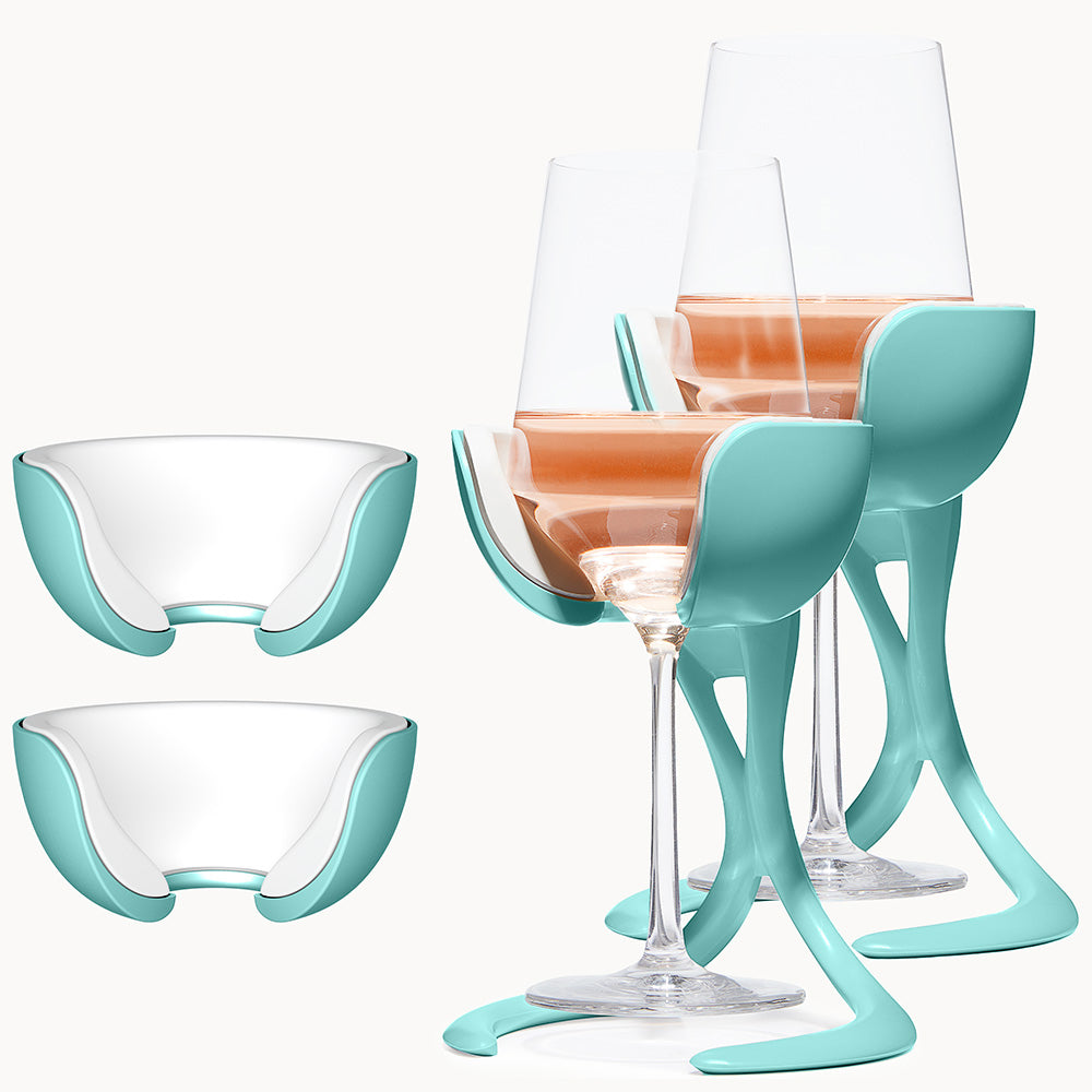 Stemmed Wine Chiller Pair + 2 Extra Chill Cradles Cyan