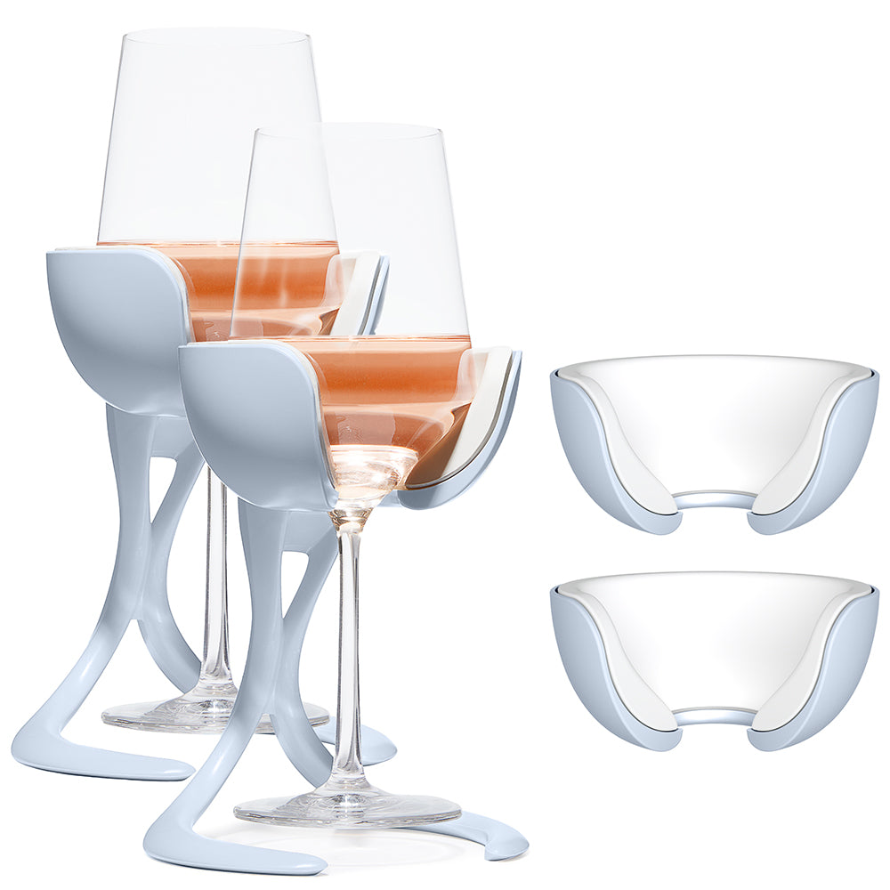 VoChill Stemmed Wine Glass Chiller Pair + 2 Extra Chill Cradles | Cyan | Best Wine Gift