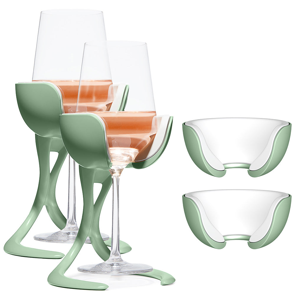
                      
                        VoChill stemmed wine chiller pair + two extra Chill Cradles in Sage color.
                      
                    