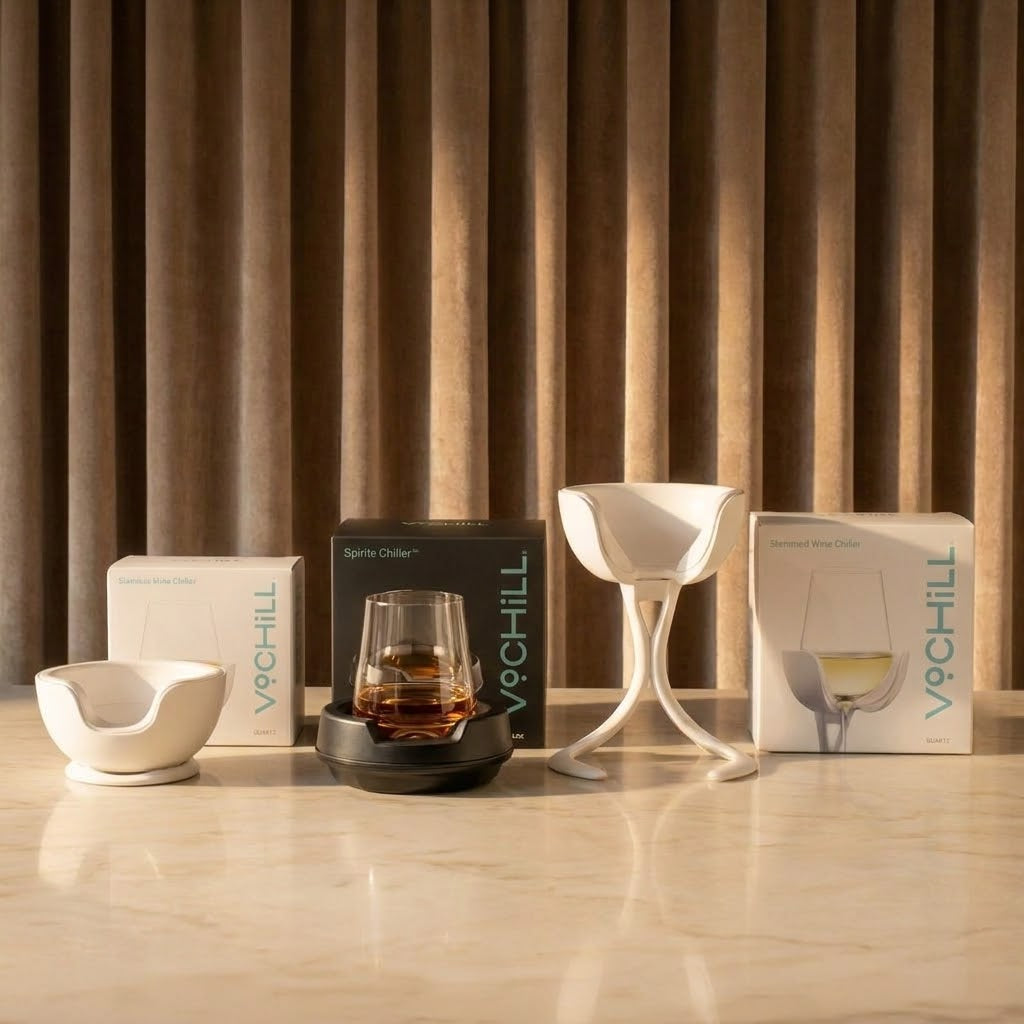 VoChill corporate gift set with wine chiller, premium packaging, and wine glasses