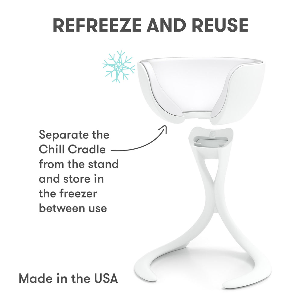 Exploded view of VoChill stemmed wine chiller with Chill Cradle and Stand, and overlay text 'store Chill Cradle in freezer between use
