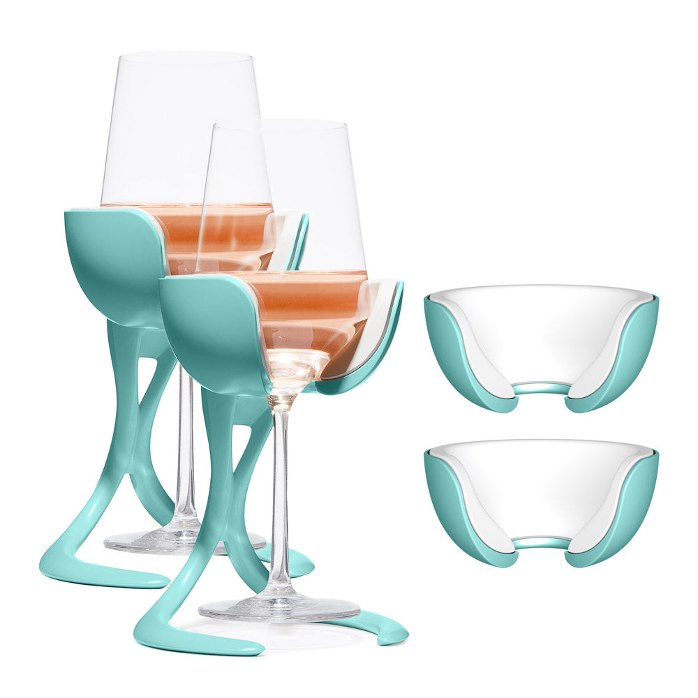 
                      
                        VoChill stemmed wine chiller pair + two extra Chill Cradles in Cyan color.
                      
                    