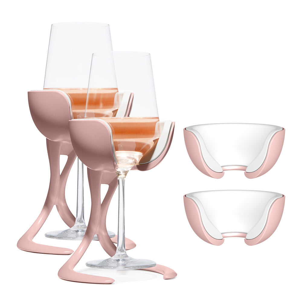 
                      
                        VoChill stemmed wine chiller pair + two extra Chill Cradles in Rose color.
                      
                    