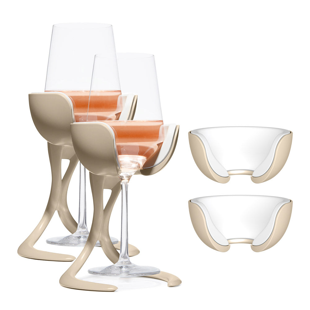 VoChill stemmed wine chiller pair + two extra Chill Cradles in Sand color.