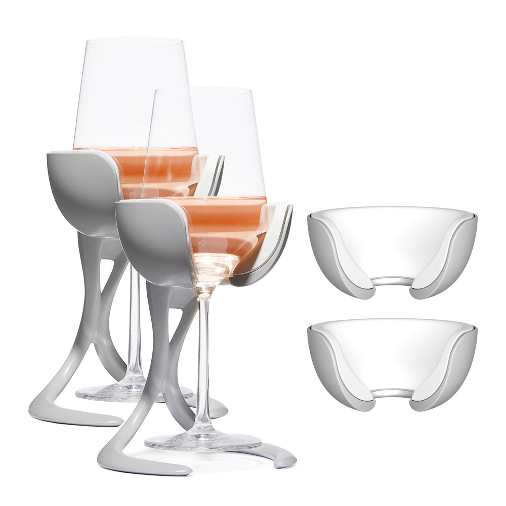 
                      
                        VoChill stemmed wine chiller pair + two extra Chill Cradles in Stone color.
                      
                    